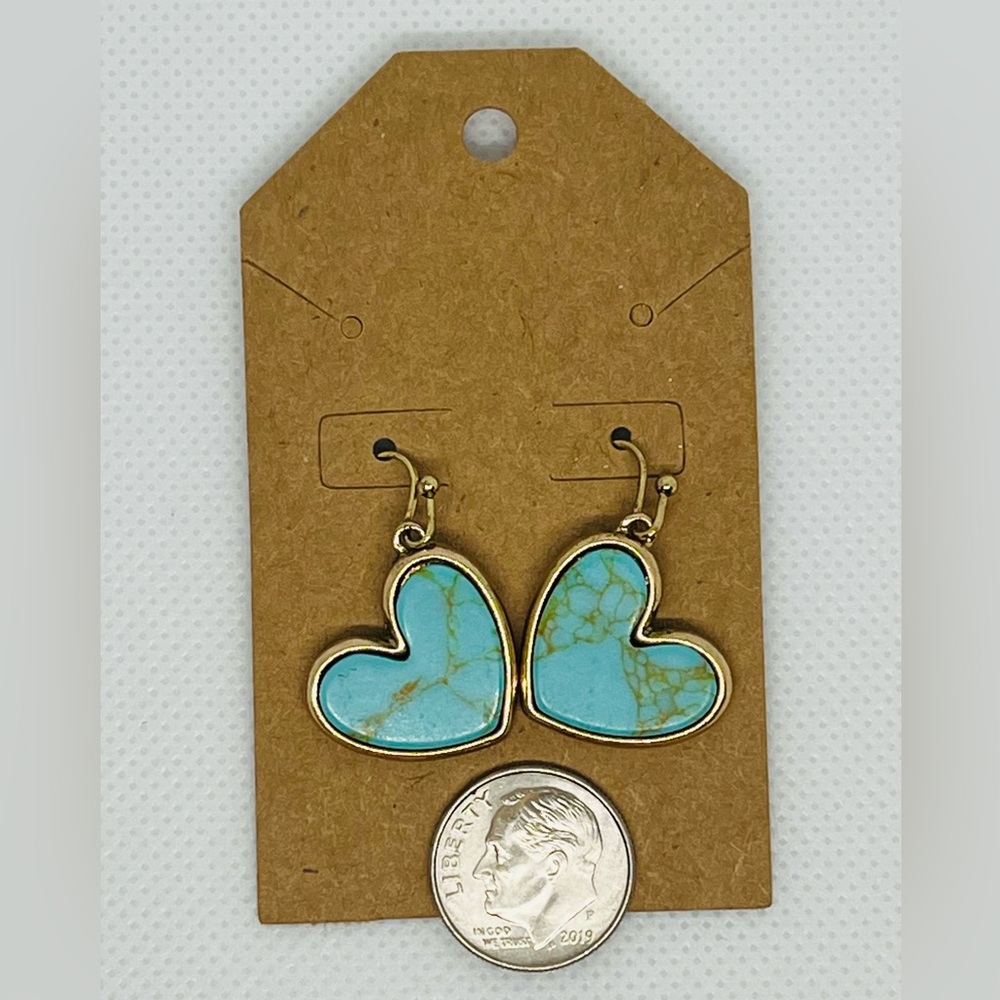 Turquoise and Gold Heart Earrings - Picture 2 of 2